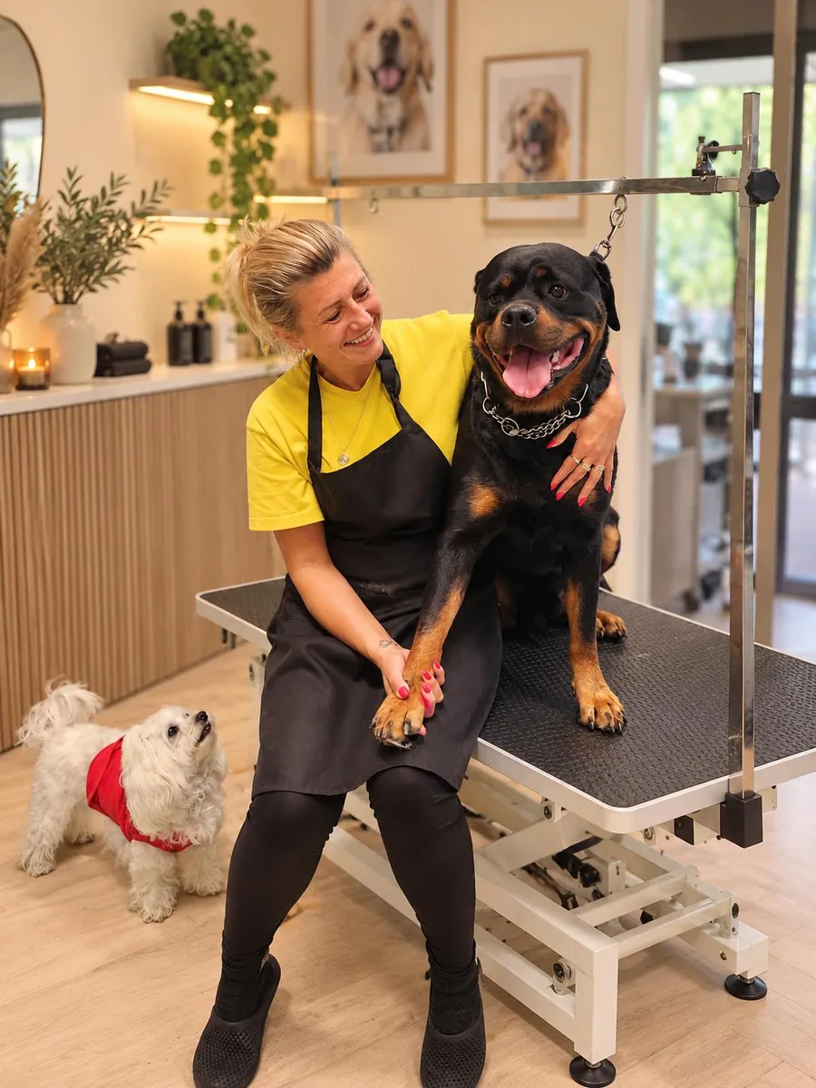 Eliza mit einem Rottweiler auf dem Pflegetisch