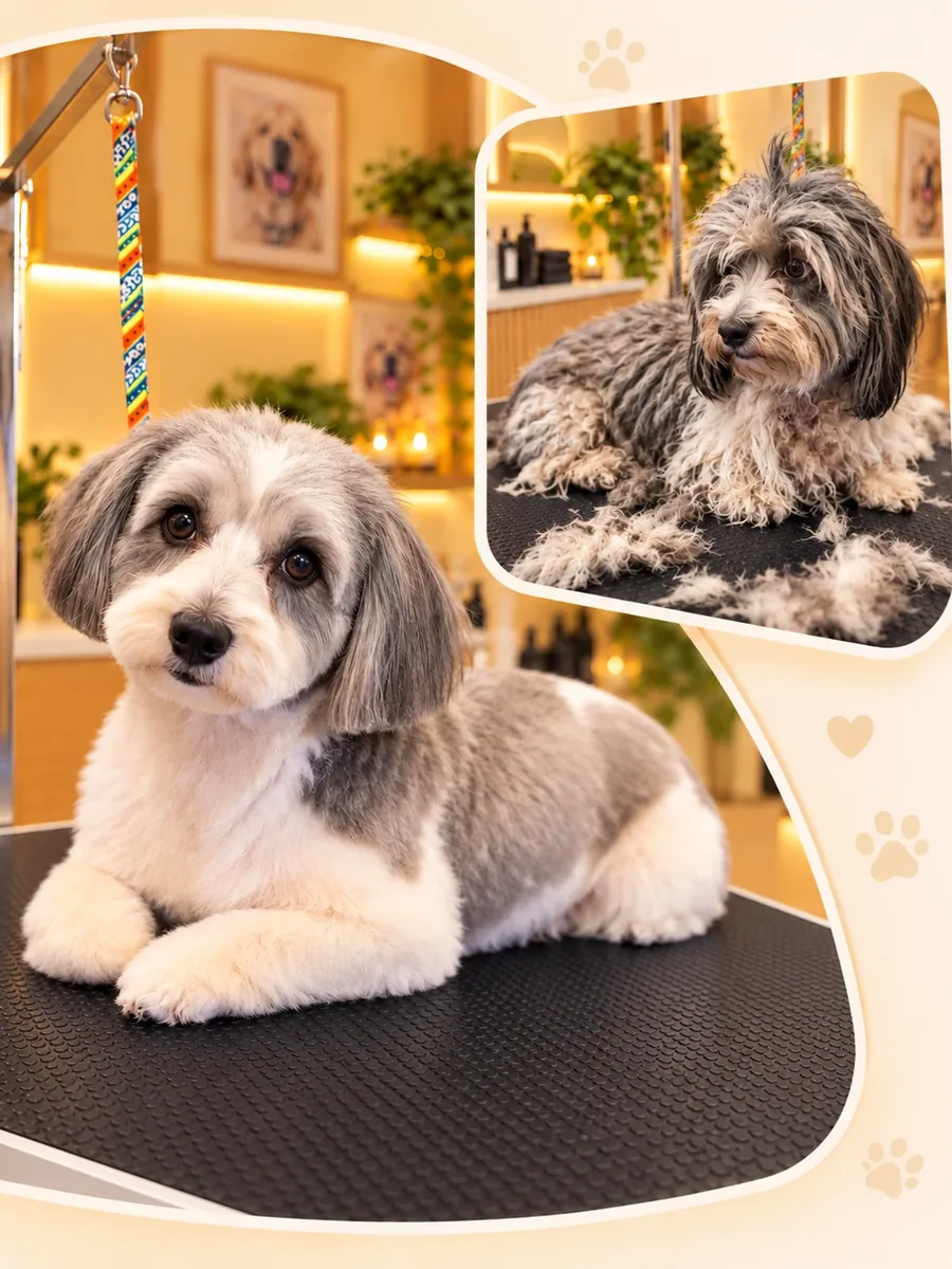 Kleiner Hund vorher mit verfilztem Fell (kleines Bild) und nachher frisch geschnitten